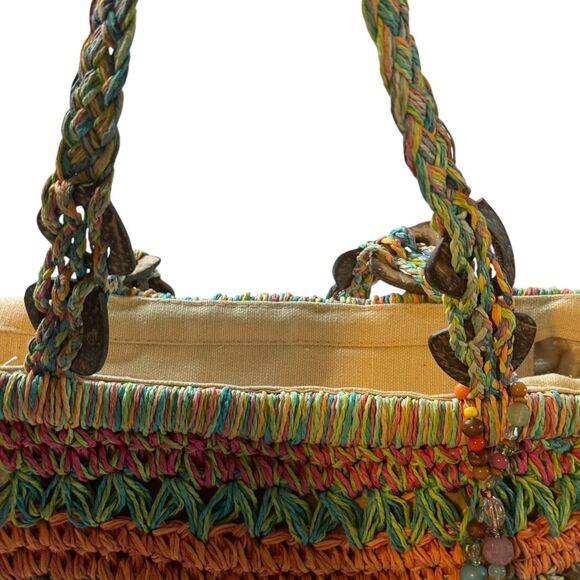 Cappelli Straworld Multicolor Woven Tote Bag with Beaded Charm Beachy Boho Clean - Picture 8 of 11